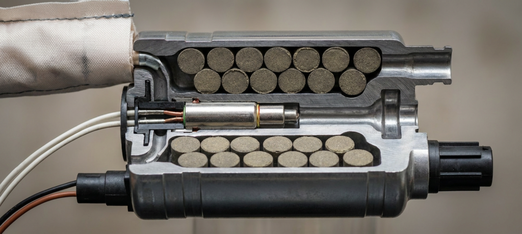 vista in sezione (cutaway) di un moderno generatore di gas per airbag automobilistico. L'immagine è un primo piano macro, estremamente dettagliato. Il corpo del generatore, un cilindro di acciaio robusto, è tagliato a metà per rivelarne l'interno. Al centro del dispositivo, si vede chiaramente l'innesco elettrico (igniter), un piccolo componente con due fili sottili collegati. Attorno all'innesco sono disposte in modo ordinato delle pastiglie di propellente chimico solido, di colore grigio scuro o beige. Queste pastiglie sono il cuore della carica pirotecnica. La sezione del contenitore metallico mostra i canali e i fori di uscita attraverso cui il gas generato viene espulso per gonfiare l'airbag. Una parte del tessuto ripiegato dell'airbag è visibile su un lato, collegato al generatore.