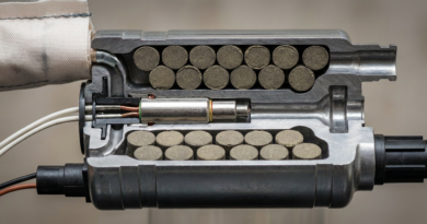 vista in sezione (cutaway) di un moderno generatore di gas per airbag automobilistico. L'immagine è un primo piano macro, estremamente dettagliato. Il corpo del generatore, un cilindro di acciaio robusto, è tagliato a metà per rivelarne l'interno. Al centro del dispositivo, si vede chiaramente l'innesco elettrico (igniter), un piccolo componente con due fili sottili collegati. Attorno all'innesco sono disposte in modo ordinato delle pastiglie di propellente chimico solido, di colore grigio scuro o beige. Queste pastiglie sono il cuore della carica pirotecnica. La sezione del contenitore metallico mostra i canali e i fori di uscita attraverso cui il gas generato viene espulso per gonfiare l'airbag. Una parte del tessuto ripiegato dell'airbag è visibile su un lato, collegato al generatore.