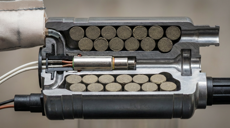 vista in sezione (cutaway) di un moderno generatore di gas per airbag automobilistico. L'immagine è un primo piano macro, estremamente dettagliato. Il corpo del generatore, un cilindro di acciaio robusto, è tagliato a metà per rivelarne l'interno. Al centro del dispositivo, si vede chiaramente l'innesco elettrico (igniter), un piccolo componente con due fili sottili collegati. Attorno all'innesco sono disposte in modo ordinato delle pastiglie di propellente chimico solido, di colore grigio scuro o beige. Queste pastiglie sono il cuore della carica pirotecnica. La sezione del contenitore metallico mostra i canali e i fori di uscita attraverso cui il gas generato viene espulso per gonfiare l'airbag. Una parte del tessuto ripiegato dell'airbag è visibile su un lato, collegato al generatore.